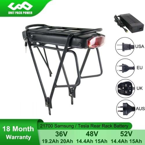 52V 15Ah 48V 15Ah 21700 Lithium Cell Rear Rack Bicycle Battery 36V 13Ah 15Ah 18650 eBike Battery for 1000W 750W 500W Motor