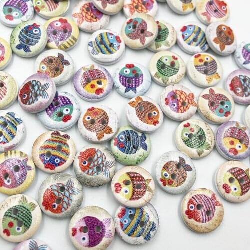 50Pcs 15mm Round Wooden Buttons Cat Fish Pattern 2 Holes Mixed Wood Buttons For Sewing Clothing Scrapbooking DIY Craft WB700