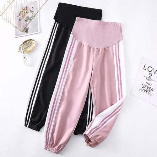9203# Maternity Pants Spring Autumn Ninth Pants Side Strip Comfy Belly Support Pants Elastic Waist Maternity Trousers