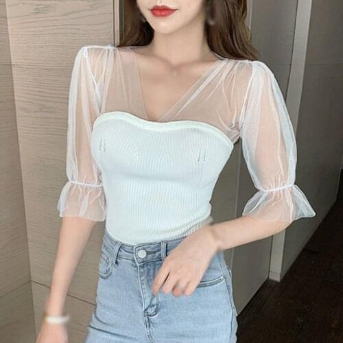 Summer t shirt Mesh top Sexy Women Korean fashion Shirts Lantern Sleeve Top Elegant T Shirt Tops Women Streetwear Dropshipping