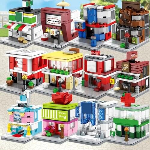 City Mini Street Retail Store Food Candy Pizza Shop Building Blocks Scene Sets Architecture Kids Market View Toys For Children