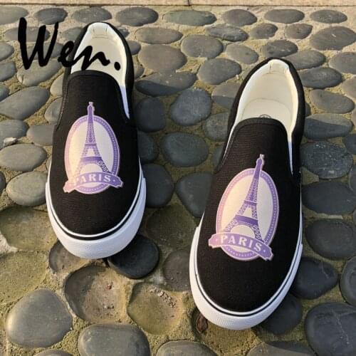Wen Design PARIS Eiffel Tower Postmark Canvas Slip On Flats Black White Sneakers Shoes Men Women for Holiday Birthday Gifts