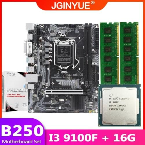 JGINYUE B250 motherboard LGA 1151 set kit with Intel Core I3-9100F processor and 16GB(2*8GB) DDR4 memory B250M-VDH