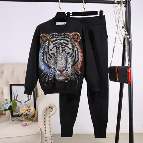 Red Gray Black Manual Beaded Tiger Knitted Tracksuit Set Women Loose O neck Knit Tops Pencil Pant Casual Knitwear Outfits Female