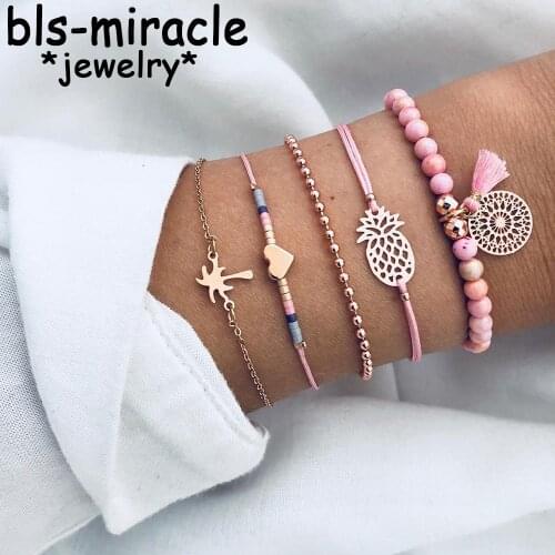 MAA-OE Bohemian Tassel Beads Charm Bracelets Set For Women Fashion Pineapple Heart Multiple Styles Bracelet Jewelry Gift