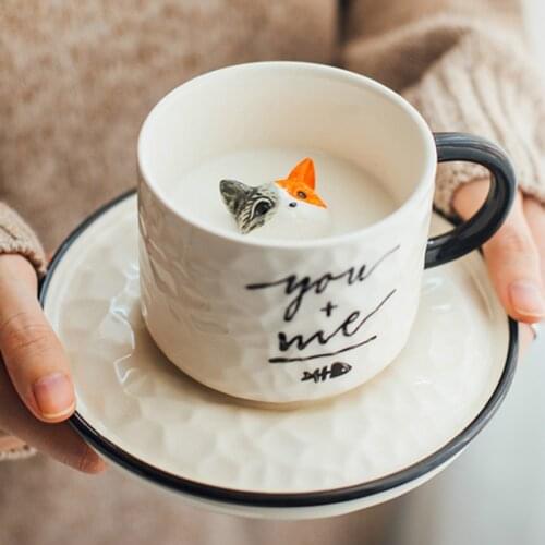 200ml cute cat ceramic cup with spoon personalized hand-painted cartoon animal cup female office water cup mug set