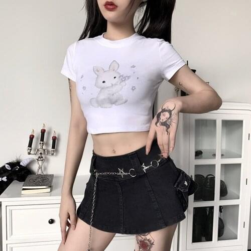 Cute Sweet T-shirt Women Short Sleeve Bunny Printed O-neck Slim Short Top Tees Ins Style Sexy Streetwear Graphic Tees