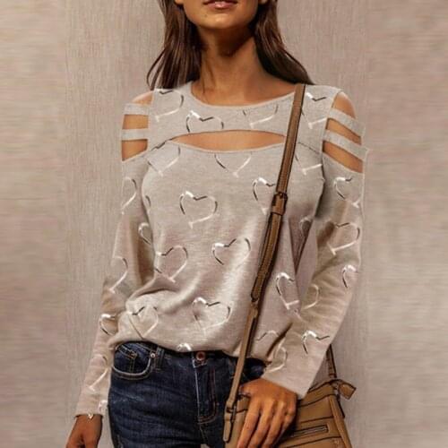 New Casual T Shirts Women Long Sleeve O Neck Hollow Out Loose Tees Tops Women TShirts Love Print Shirt Women Plus Size