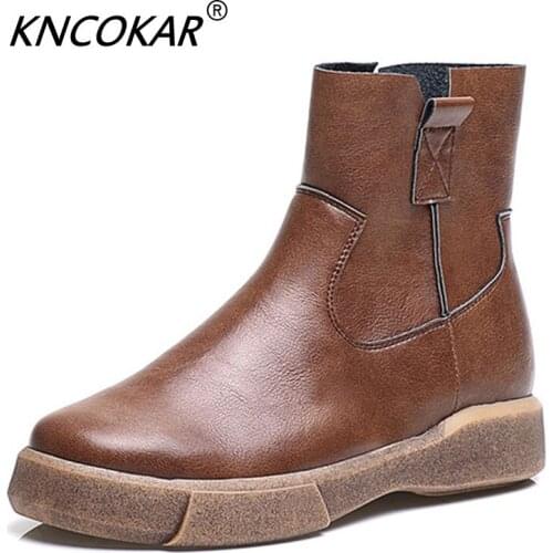 KNCOKARWinter New Style Flat Martin Boot Keep Warm Plush Retro Casual Ankle Boots Round Head Waterproof Platform Boots For Women