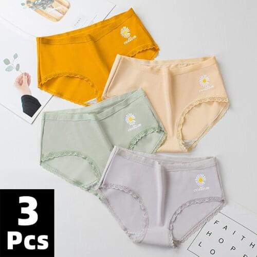 New Womens Panties Cotton Underwear L-2XL Solid Sexy Mid Waist Lace Briefs Girl Soft Panty Women Underpants Lingerie 3Pcs/Set