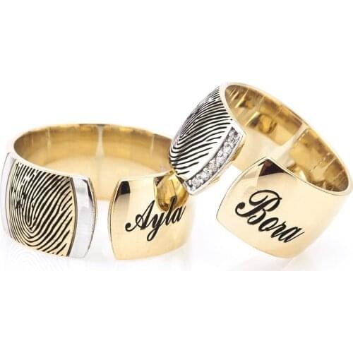 Tesbihane Name Written Fingerprint Design 925 Sterling Silver Couple Wedding Rings