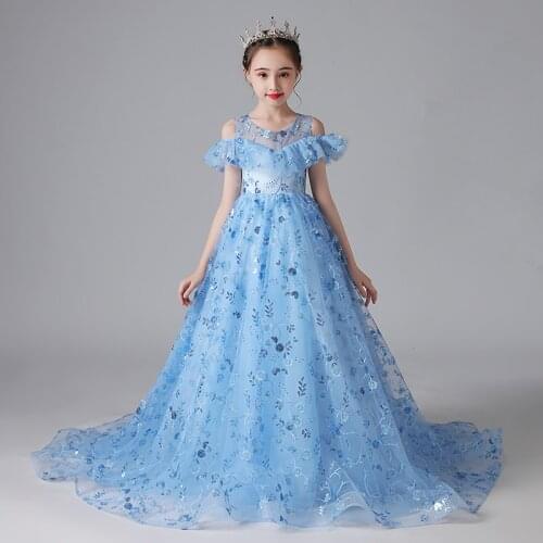 Flower Girl Dresses Appliques Sequined O-Neck Short Princess Floor-Length Tulle Lace Off The Shoulder Blue Kids Party Gown H639