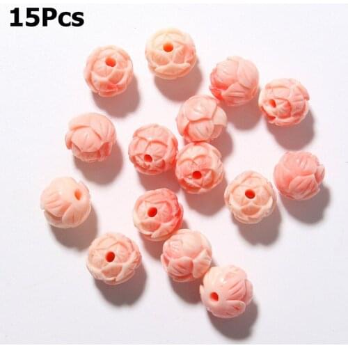 15pcs/lot 10mm Carved Lotus Beads Pink Coral Shell Spacer Buddha Beads Bracelet Necklace For Jewelry Making DIY Accessories