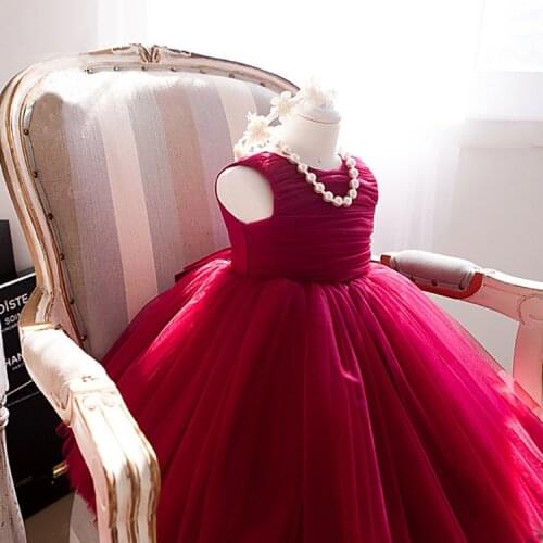 Christmas Girls Princess Dresses with Hoop Red Flower Sleeveless Wedding Party Tulle Dresses Formal Vestido without Necklace