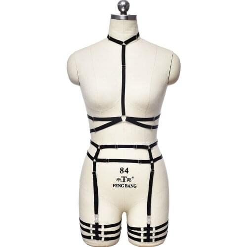 Sexy Black Garter Belt Body Harness Set Hollow Lingerie Bandage Stockings High Waist Body Cage Bra Adjust Strap Harness Bra