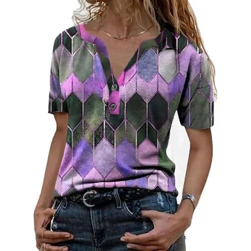New Stylish Women T-shirt V Neck Geometric Hexagon Cotton Blend Short Sleeve Buttons Blouse Top for Work Clothing