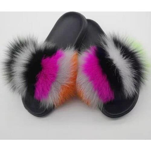 Women Summer Real Fluffy Fox Fur Slides Furry Slides Fluffy Plush Ladies Sandals Casual Brand Slippers Home Flip Flops