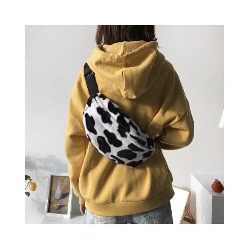 Women Cow Print Plush Waist Bag Fanny Pack Pouch Sport Belt Hip Chest Crossbody Shoulder Purse High Quality and Brand New