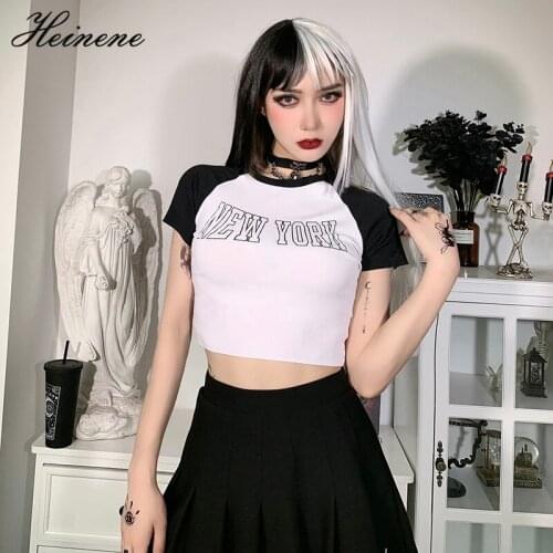 Heinene Gothic Summer Women Streetwear O-neck Crop Tops Ribbed Slim Women Clothes Preppy Punk Style Crop Tops Casual Vintage