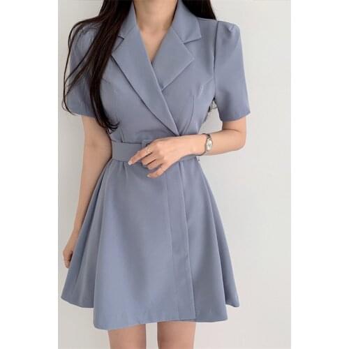2021 Fashion Elegant Business Workwear Dress Blue Black Apricot Women Jacket Outerwear Cotton Short Sleeve V-Neck Women Suit