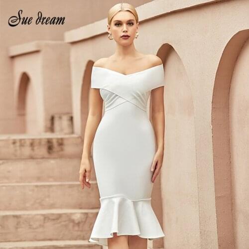 2021 New Summer White Off Shoulder Women Bodycon Bandage Dress Sexy Short Sleeve Celebrity Evening Runway Club Party Dress