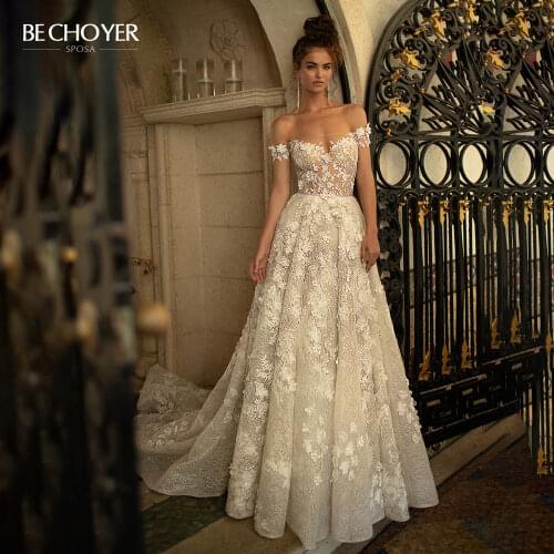 BECHOYER Light 3D Flowers Wedding Dress Sweetheart Off Shoulder Backless A-Line Princess Illusion Bride Vestido De Noiva EZ37
