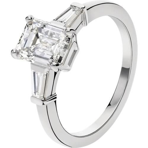 18K Au750 White Gold Ring Women Wedding Anniversary Engagement Ring Trapezoid Rectangle Emerald Moissanite Diamond Elegant Cute