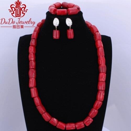 2017 Red Coral Beads Fine Fashion Dubai Christmas Silver Jewelry Set African Nigerian Wedding Necklace Earrings Bracelet Set
