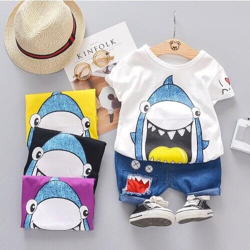 2019 Summer Baby Boys Short Sleeve Cartoon Shark T-shirt Tops + Casual Shorts Sport Clothing Sets Cotton Kids 2Pcs Suits