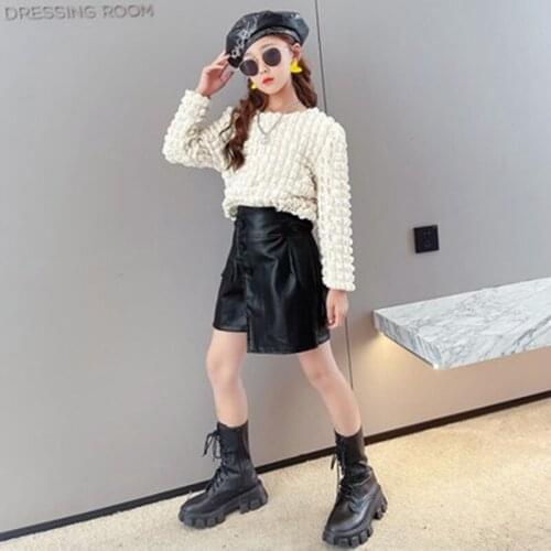Kids Clothes Fashion Girl Sets 2021 Autumn Children Long Sleeve Top+Leather Pantskirt Suit Teenage Girls Clothing 8 10 12 14Year
