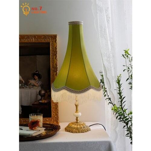 French Design Classical Retro Brass Table Lamp with Tassels Avocado Green Lampshade Led E27 Living Room Porch Background Salon