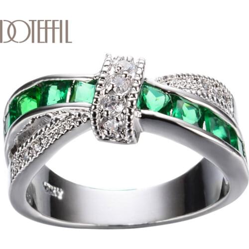 DOTEFFIL 925 Sterling Silver AAA Zircon Green/Blue/Purple Six Colors Crystal Ring For Women Fashion Wedding Party Charm Jewelry