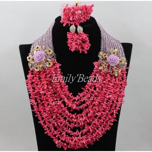 Amazing Nigerian Fuchsia Pink Coral Beads Jewelry Set Bridal Necklaces Bracelet Earrings Set Christmas Gift Free Shipping AIJ398