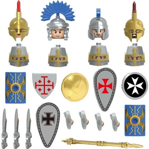 Knights of Spartan soldiers in middle Rome assemble building blocks for children, toy for helmet, armor and weapons/X0316