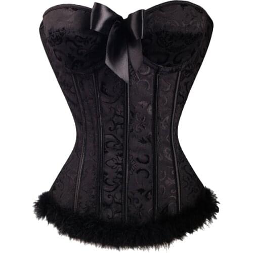 Gothic Women Corset Lace Up Satin Sexy Body Shaper Strapless Boned Overbust Corset and Bustier Fur Trimmed Lingerie Top Black