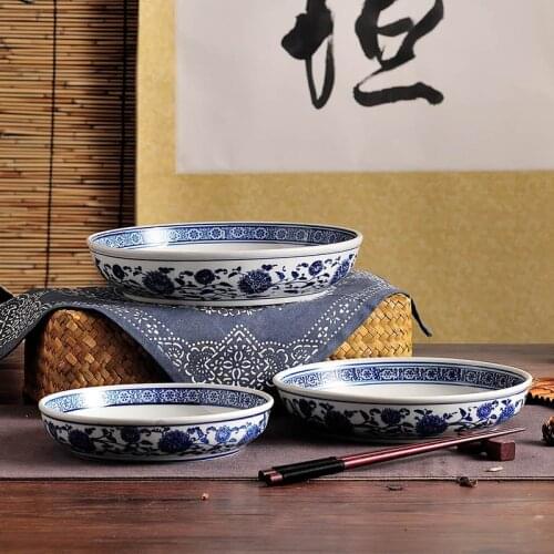 Chinese Creative Flower Blue and White Porcelain Ceramic Plate Restaurant Household Multi-size Antique Salad Plate Deep Dish