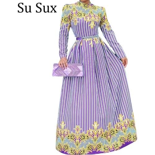 Striped Maxi Dress African Clothes For Women Robe Vintage O Neck Long Sleeve Dress Partyclub Vestidos African Clothing （no belt