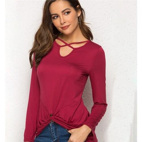 Fashion Twisted Hem Neckline Cross Long Sleeve T Shirt Women Solid Color Hollow Out Casual Slim Sexy V Neck Tops Tees Clothes