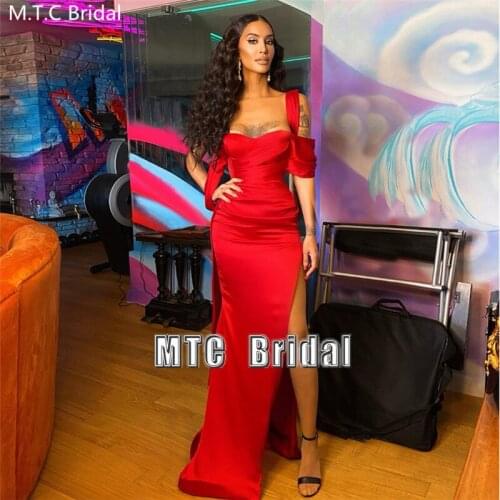 New Long Red Sexy African Prom Dresses Straight High Slit Black Girls Special Occasion Dress Plus Size Satin Wedding Party Gown
