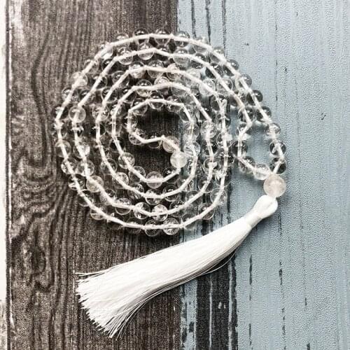 White Tassel Necklace For Women 108 Clear Q-uartz Knotted Mala Necklaces Gift Healing Stone Handmade Necklace