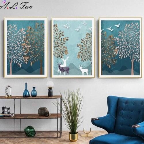 Nordic forest landscape poster and prints deer canvas painting wall art picture decorations for living room interior home decor