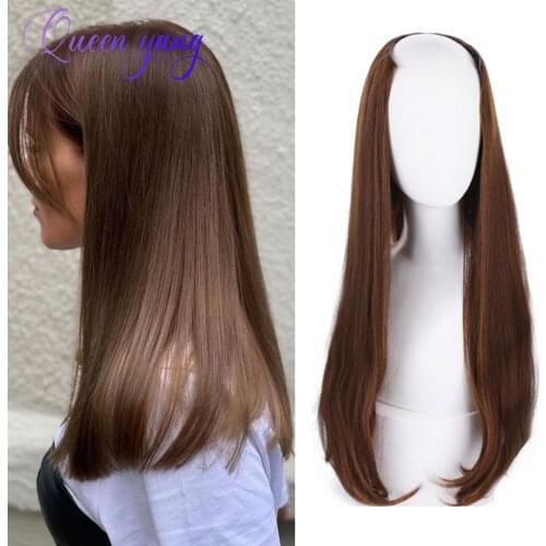 QUEENYANG Synthetic Wig Female U-shaped Half Headdress Invisible Long Straight Hair Inner Button Fluffy Wig Female Black Brown