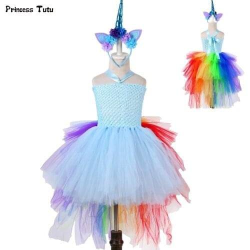 Rainbow Princess Girls Tutu Dress Fancy Train Unicorn Dress Children Girl Halloween Costume Kids Birthday Party Dress Up 1-14Y