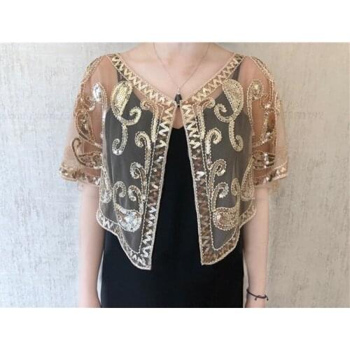 Women Vintage 1920s Flapper Shawl Short Evening Cape Sequin Beaded Decoration Capelet Gatsby Party Mesh Short Cover Up Champagne