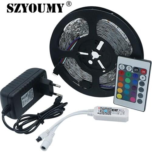 SZYOUMY RGB Music Wifi Remote LED Strip Light SMD 5050 5M 150LEDS Flexible Tape 30LEDS/M Diode Ribbon Controller 3A Adapter