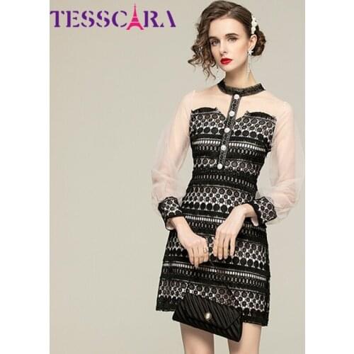 TESSCARA Women Spring Summer Elegant Lace Dress Festa High Quality Wedding Party Robe Femme Vintage Mesh Designer Short Vestidos