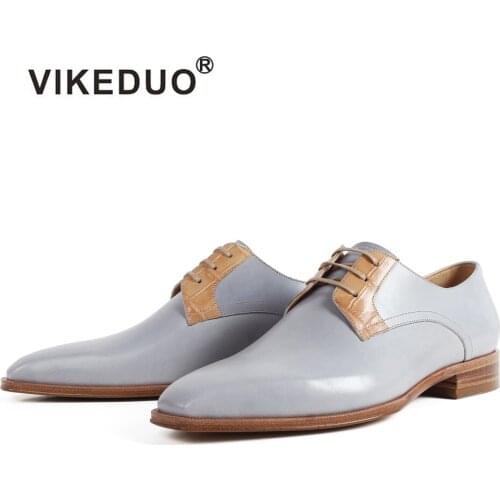 VIKEDUO Square Toe Genuine Leather Shoes Men Formal Wedding Office Derby Shoe Lace-Up Blake Mens Dress Shoes Flat Zapato Hombre