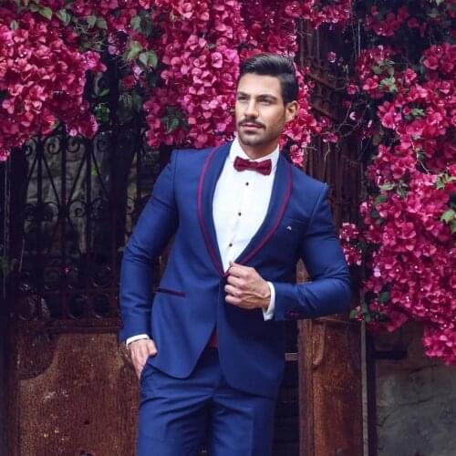 High Quality One Button Blue Groom Tuxedos Shawl Lapel Groomsmen Men Blazers Suits (Jacket+Pants+Tie) NO:460