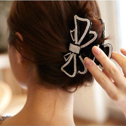 Black Bow Extra Large Crystal Hair Claws for Women Jaw Clips Crab Hairgrips Hairpin Elegant Headwear Ornaments Hair Accessories