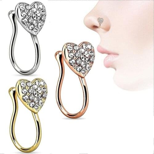 1 pcs Fake Nose Ring Clip On Nose Ring Faux Nose Ring Fake Piercings Tragus Earrings Simple Crystal Heart Nose Ring Jewelry